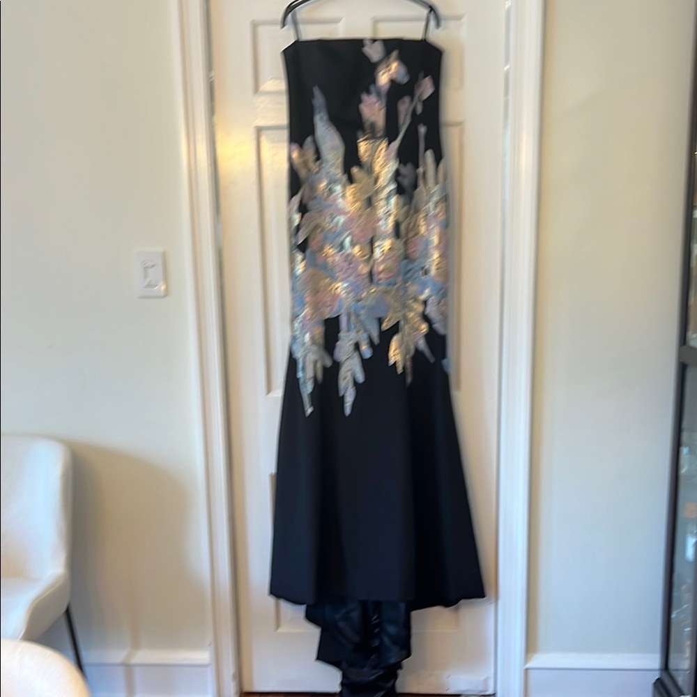 Black Strapless Dress with Metallic Floral Design. New unaltered gown.
